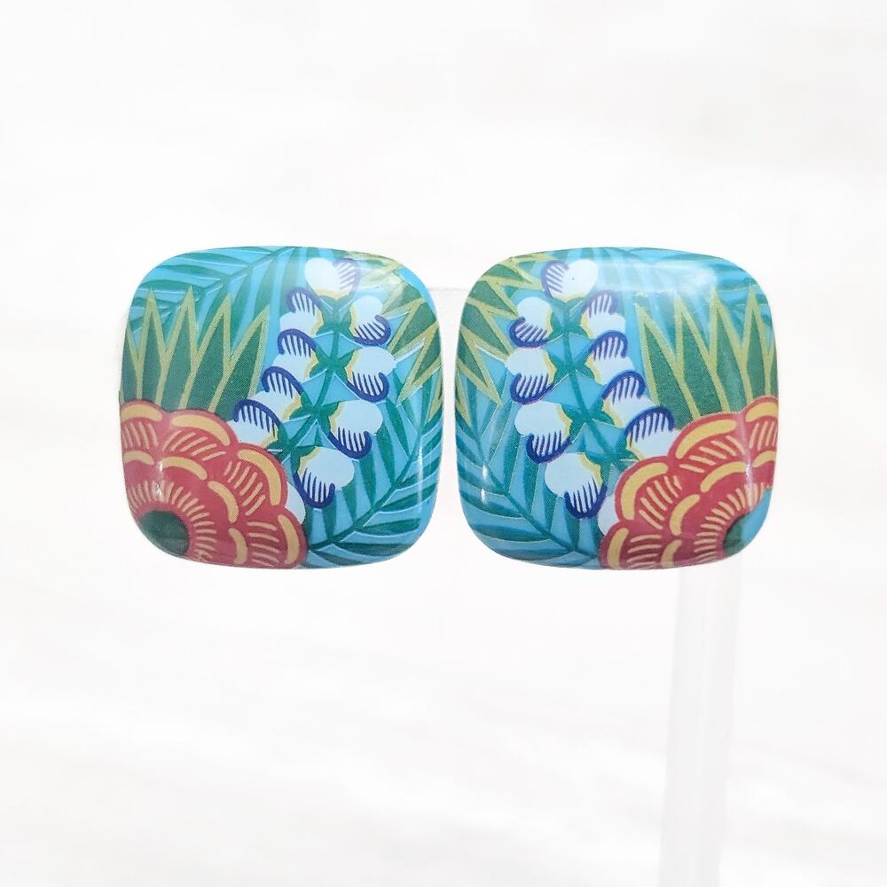 Vintage Clip On Earrings Large Stylish Floral Pattern Square Stylish Statement